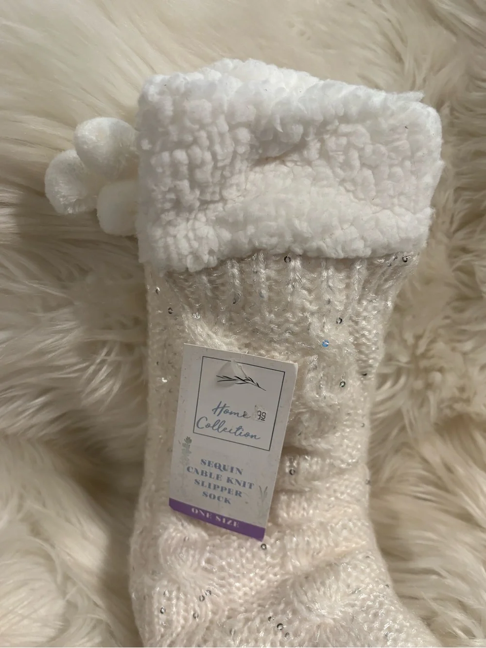 Sequin Cable-knit Slipper Sock Sherpa Lined